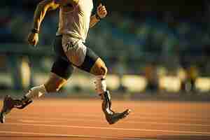 Foto paradesporto para-atleta em perna protética pista de corrida estádio para campeonatos de atletismo