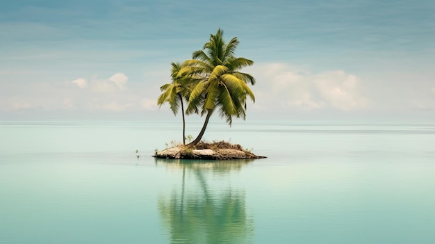 Paradiesinsel mit Palmen an einem ruhigen, flachen Strand im Hintergrund das Meer