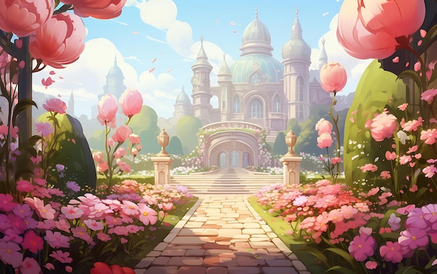 Paradiesischer Fantasiegarten mit idyllischer Blumenlandschaft im Hintergrund