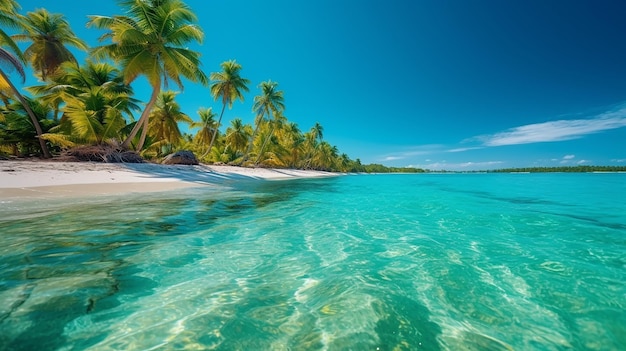 Paradiesischer Strand mit weißen Sandpalmen und türkisfarbenem Wasser mit generativer KI