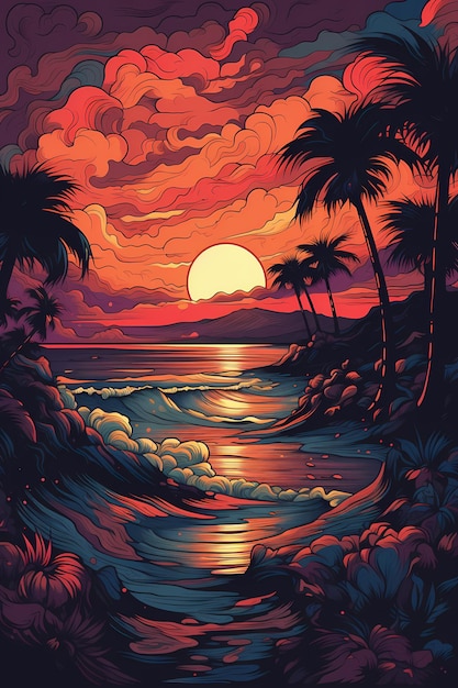 Paradiesischer tropischer Strand mit wunderschönem Sonnenuntergang. Strandhintergrund, KI generiert