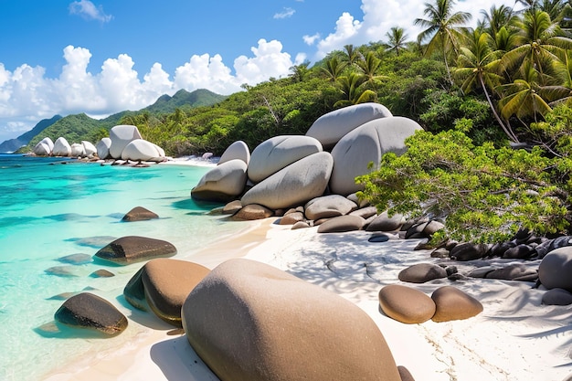 Foto paradiesstrand einer tropischen insel palmen weißer sand azurblaues wasser berühmter steinstrand