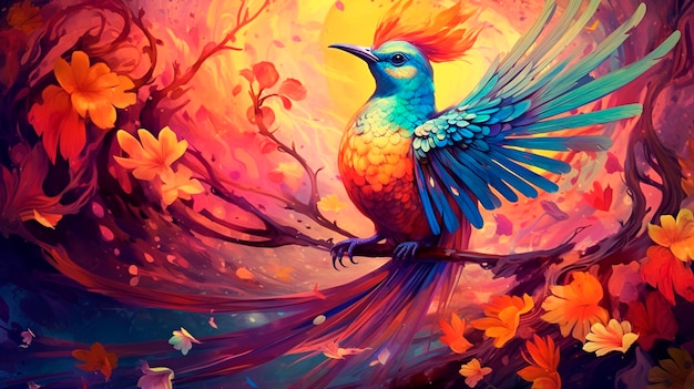 Paradiesvogel auf exotischem Blumenhintergrund, fantasievolle bunte Illustration, generative KI