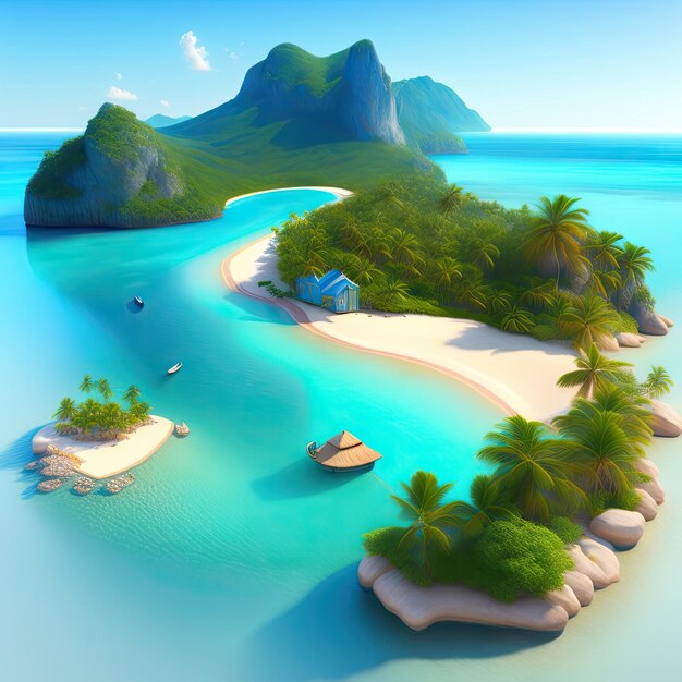 Foto paradise island areia branca água azul cristalina bela paisagem ilustração 3d