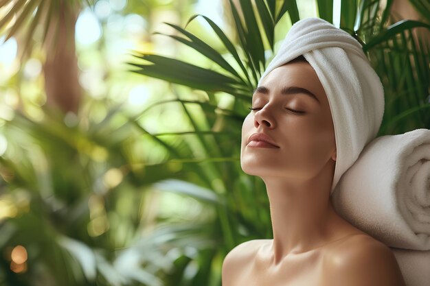 Foto paradise mimando a una mujer disfrutando de un facial con impresionantes vistas tropicales