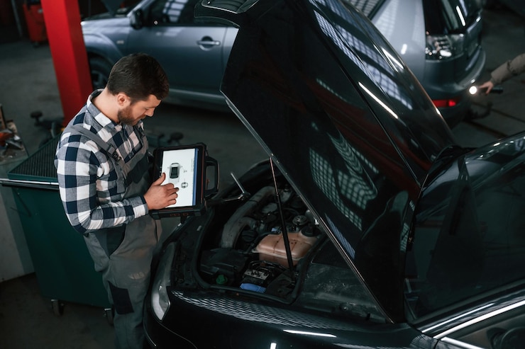 Foto parado perto do carro com o capô aberto segurando o tablet homem de uniforme está trabalhando no salão de automóveis