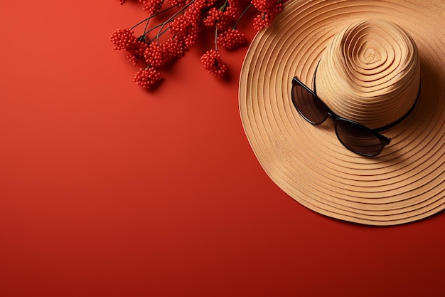 Foto parafernalia de vacaciones de verano aislada contra un fondo de color rojo