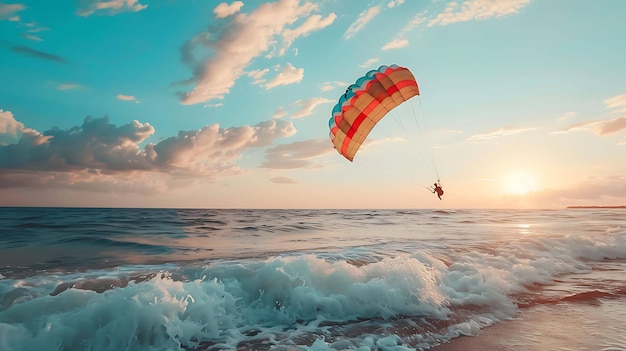 Paragliding über dem Ozean bei Sonnenuntergang