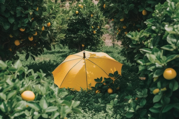 Un paraguas amarillo está rodeado de naranjas y limones.