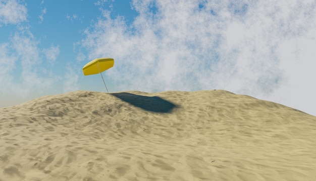 Paraguas amarillo sobre una montaña de arena de playa y un cielo con nubes. Ilustración 3d