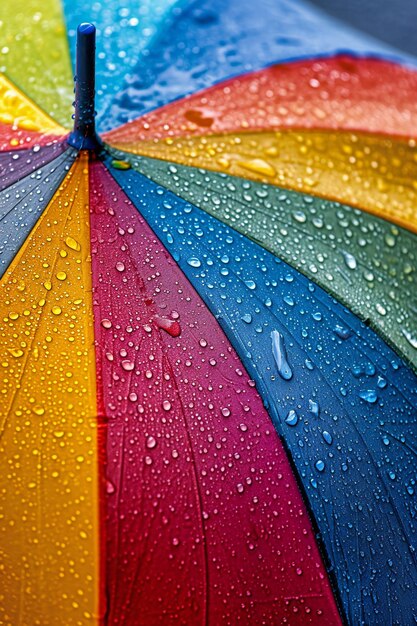 Foto paraguas de arco iris con gotas de agua de cerca