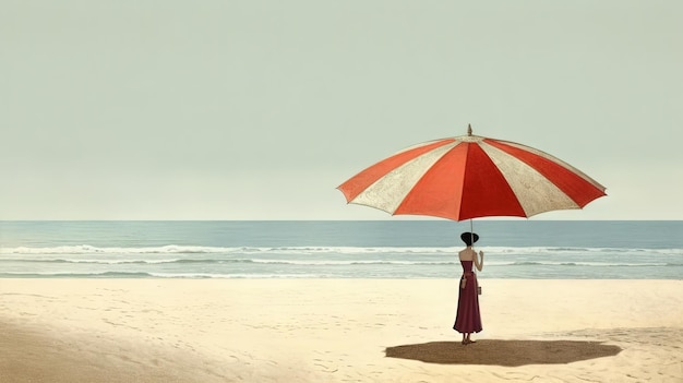 Paraguas en la arena caliente de la playa Tarjeta Grungy con escena de vacaciones de sombrilla en la línea de costa IA generativa
