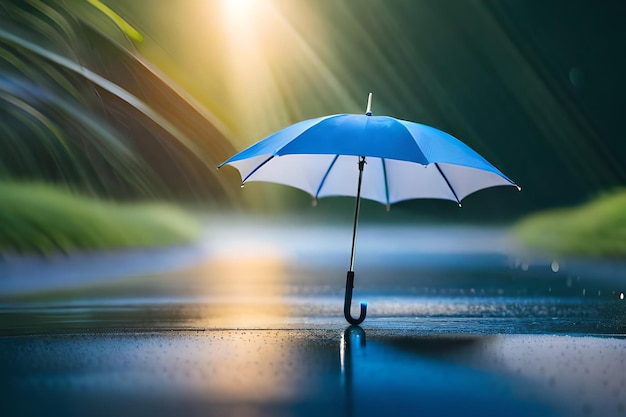 Un paraguas azul y blanco se encuentra bajo la lluvia.