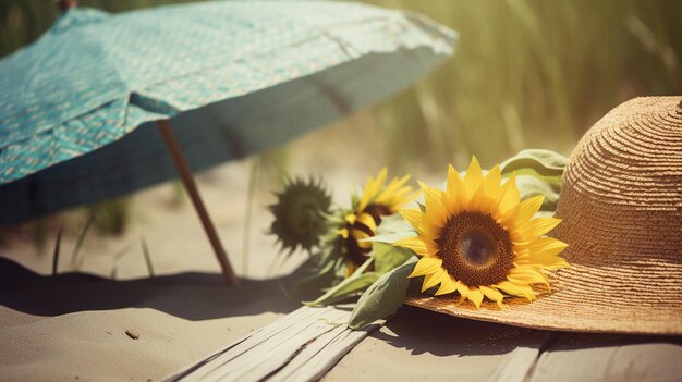 Un paraguas azul con girasoles se asienta sobre una plataforma de madera.