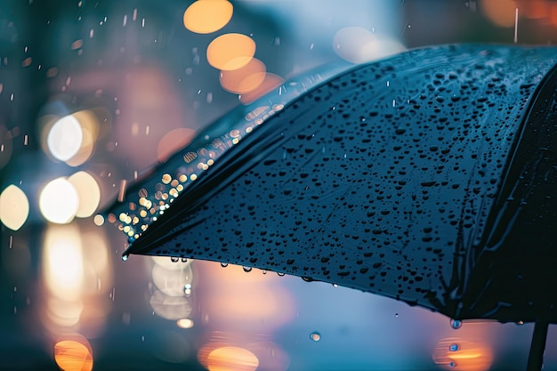 Foto un paraguas azul con gotas de lluvia en él y un fondo borroso