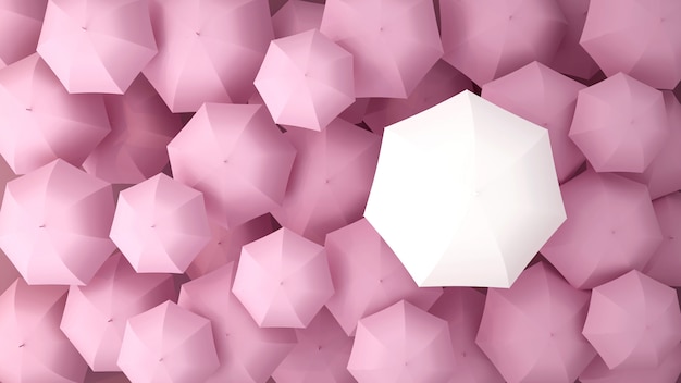 Paraguas blanco en el de muchos paraguas rosados. Ilustración 3d