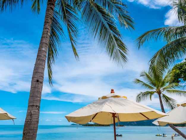 Paraguas blanco con palmera de coco con mar océano