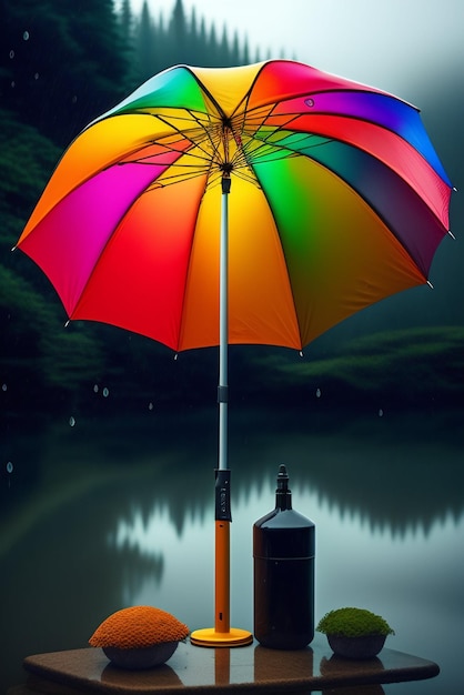 Un paraguas de colores del arco iris está en el agua y el agua está en el fondo.