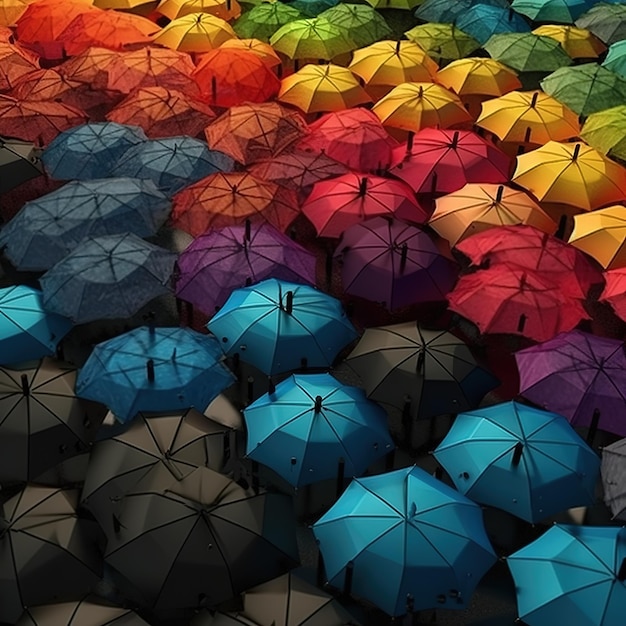 Foto un paraguas de colores del arco iris se muestra en un gran grupo de diferentes colores.