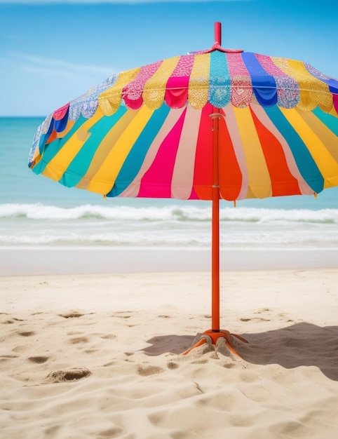 Un paraguas de colores da sombra en la playa de arena