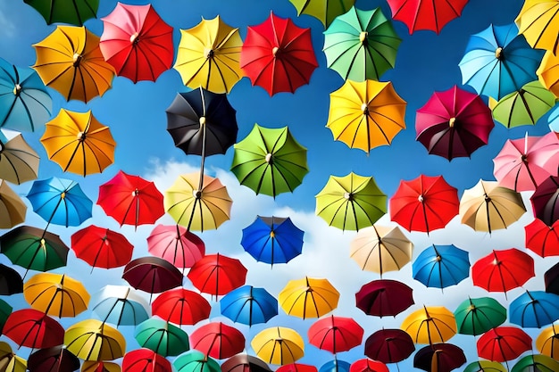 paraguas de colores flotando en el cielo por encima de una calle.