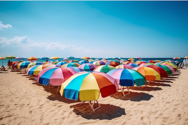 Paraguas de colores en la playa de arena concepto de vacaciones