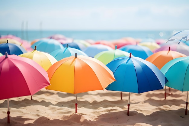 Paraguas de colores en la playa de fondo borroso