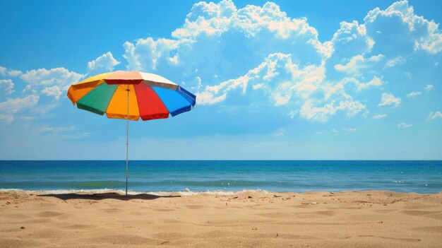 Foto paraguas de colores que proporcionan sombra en la playa de arena con el océano en el fondo