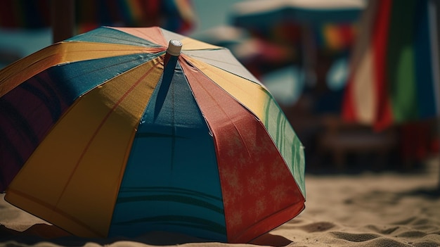 Un paraguas colorido está tirado en la playa.