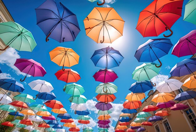 Paraguas coloridos decoración calle urbana