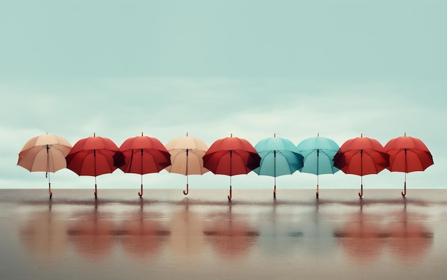 Paraguas coloridos na praia com fundo de céu em tom vintage