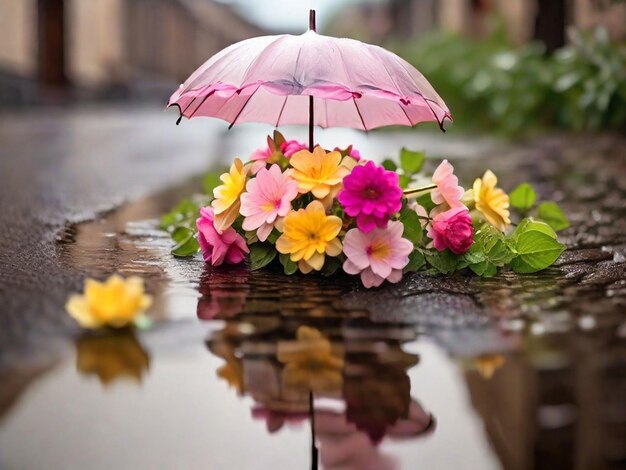 Paraguas con flores en un charco después de la lluvia