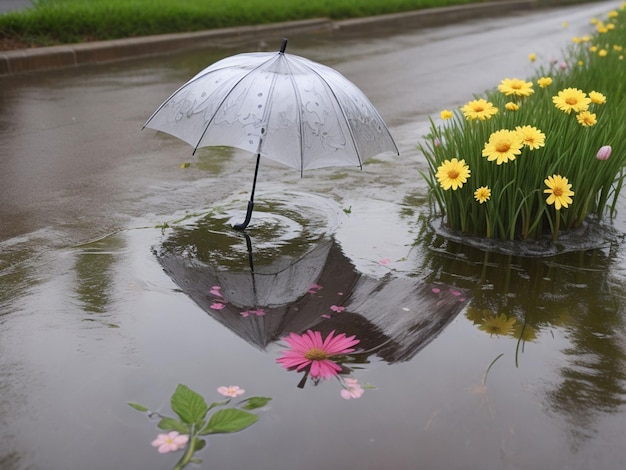 Paraguas con flores en un charco después de la lluvia