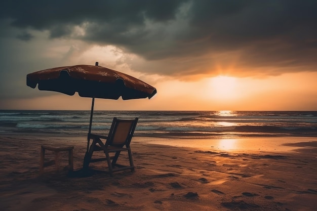 Paraguas y hamaca en la orilla de la playa