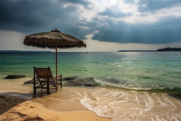 Paraguas y hamaca en la orilla de la playa