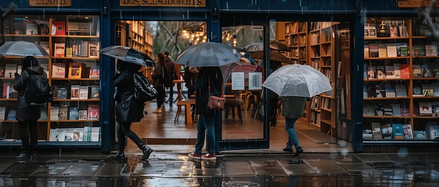 Bajo el paraguas literario se reúnen en el refugio de la entrada de la librería llueva o brille con participación