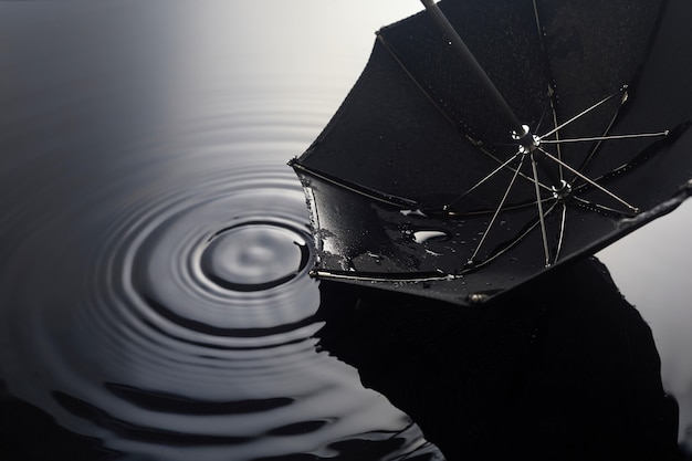 Foto paraguas bajo la lluvia. paraguas en charco. concepto de fondo de otoño.