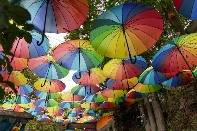 Paraguas multicoloridas contra o céu em uma rua da cidade