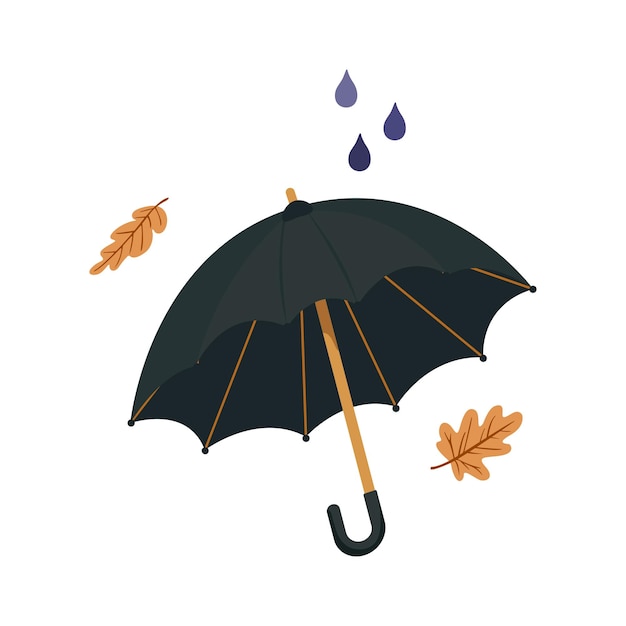 Paraguas negro con hojas amarillas de otoño y gotas de lluvia