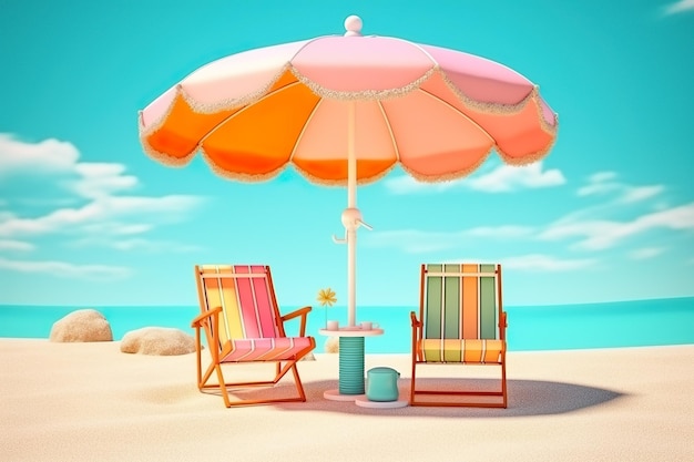 Paraguas de playa con sillas anillo inflable en la playa