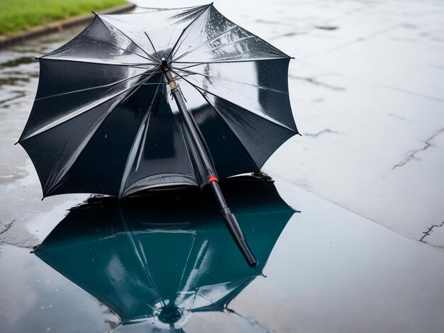 Paraguas de reflejo en el asfalto mojado del charco