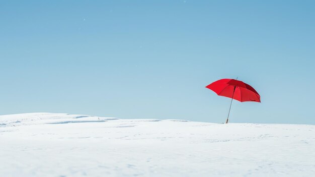 Un paraguas rojo brillante flota sobre un campo blanco nevado bajo un cielo azul brillante