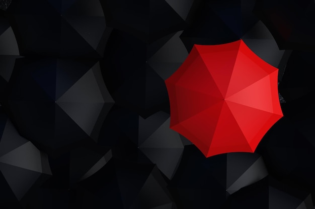 Paraguas rojo destacándose entre muchos paraguas negros. Liderazgo, independencia, iniciativa, estrategia, pensar diferente, concepto de éxito empresarial. Ángulo superior.