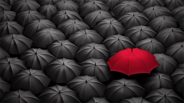 Un paraguas rojo está parado en una fila de paraguas blancos y negros.