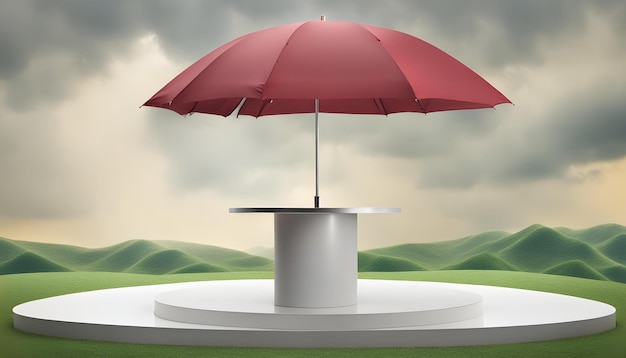 Foto un paraguas rojo en un pedestal con un cielo nublado en el fondo