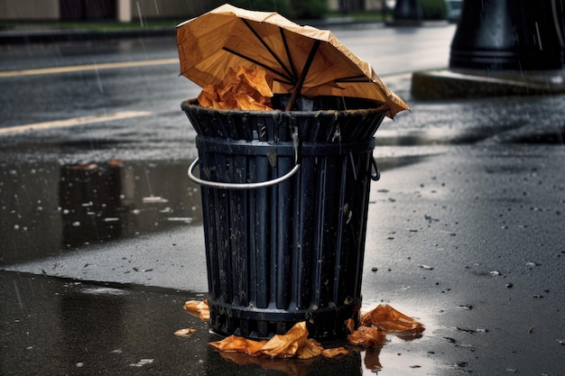 Paraguas roto en un bote de basura que simboliza el final de una tormenta creada con IA generativa