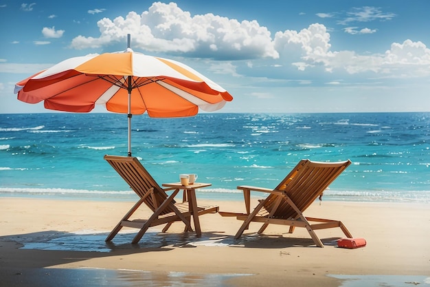 Paraguas y silla en la playa y el mar