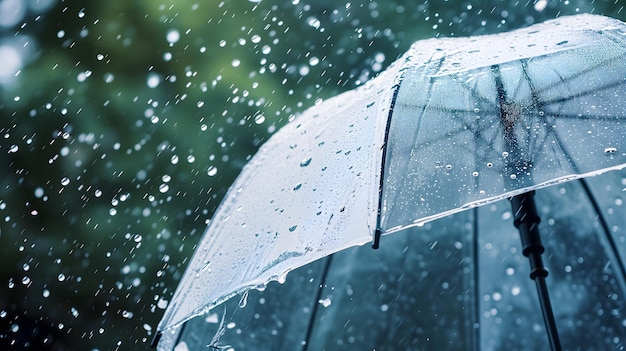 Paraguas transparentes de perto sob chuva contra um fundo de gotas de água salpicando Conceito de tempo chuvoso