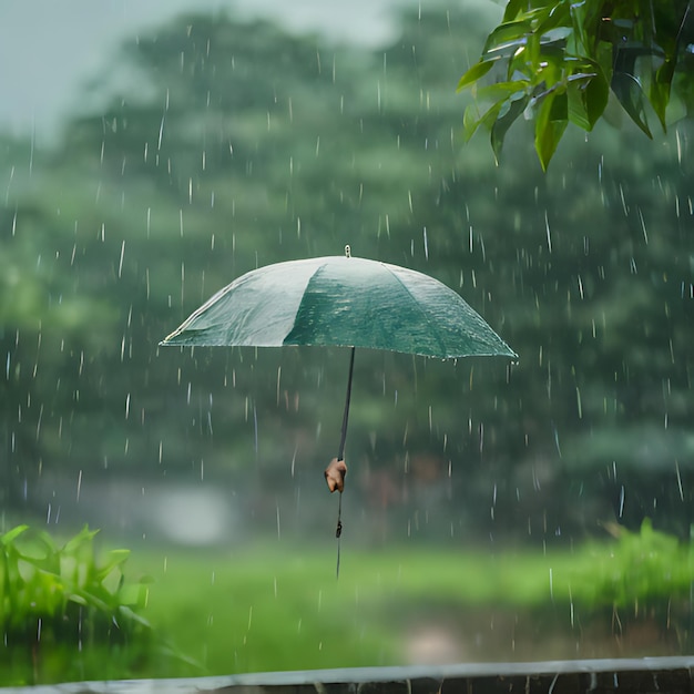 Un paraguas verde con un paraguas blanco y azul en la lluvia