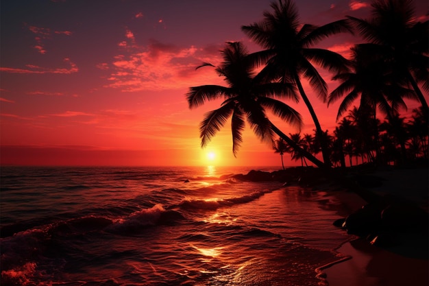 Foto paraíso à noite silhueta de palmeira em uma praia tropical beijada pelo pôr-do-sol